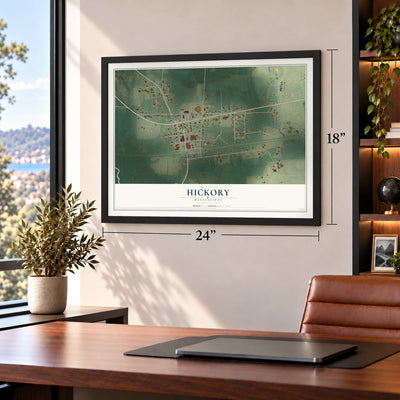 Hickory, Mississippi map, 18 x 24 inch print in a black frame in a home office