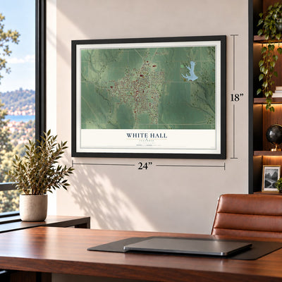 White Hall, Illinois map, 18 x 24 inch print in a black frame in a home office