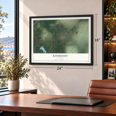 Kinmundy, Illinois map, 18 x 24 inch print in a black frame in a home office