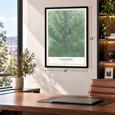 Tallassee, Alabama map, 18 x 24 inch print in a black frame in a home office