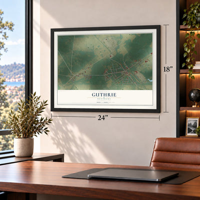 Guthrie, Kentucky map, 18 x 24 inch print in a black frame in a home office