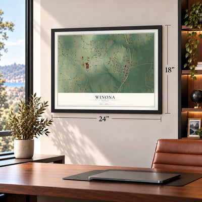 Winona, Texas map, 18 x 24 inch print in a black frame in a home office