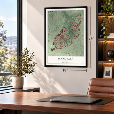 Inman Park, Georgia map, 18 x 24 inch print in a black frame in a home office