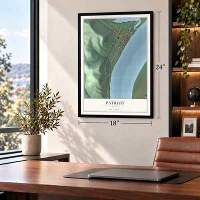 Patriot, Indiana map, 18 x 24 inch print in a black frame in a home office