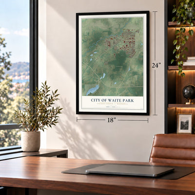 Waite Park, Minnesota map, 18 x 24 inch print in a black frame in a home office
