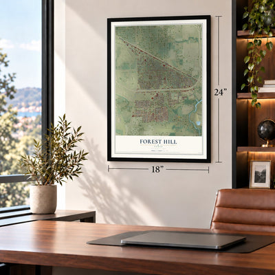 Forest Hill, Texas map, 18 x 24 inch print in a black frame in a home office