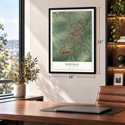 Newville, Pennsylvania map, 18 x 24 inch print in a black frame in a home office