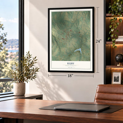 Ruby, South Carolina map, 18 x 24 inch print in a black frame in a home office
