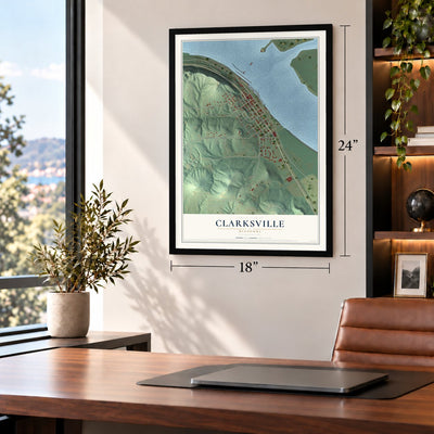 Clarksville, Missouri map, 18 x 24 inch print in a black frame in a home office