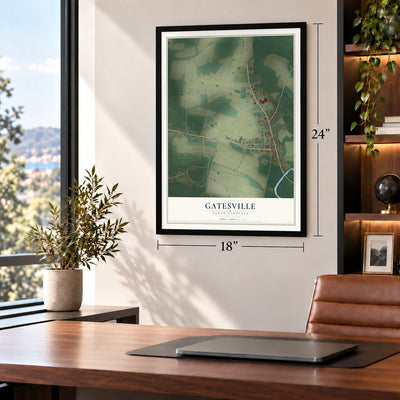 Gatesville, North Carolina map, 18 x 24 inch print in a black frame in a home office