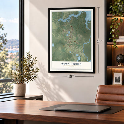 Wewahitchka, Florida map, 18 x 24 inch print in a black frame in a home office