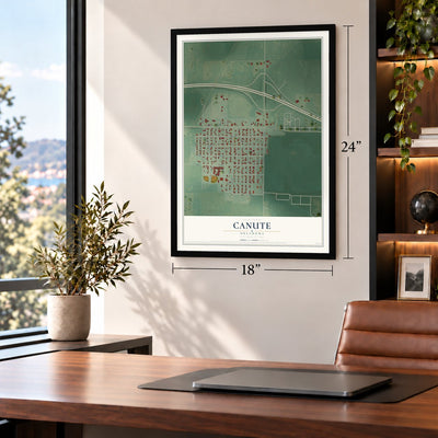 Canute, Oklahoma map, 18 x 24 inch print in a black frame in a home office