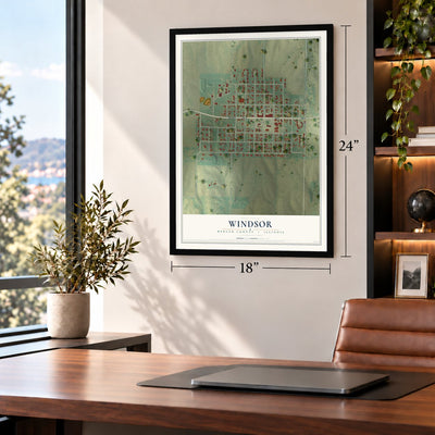 Windsor, Mercer County, Illinois map, 18 x 24 inch print in a black frame in a home office