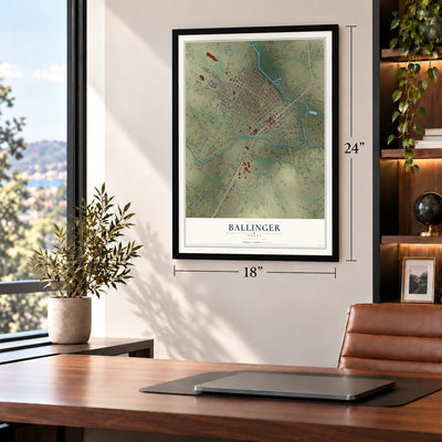 Ballinger, Texas map, 18 x 24 inch print in a black frame in a home office