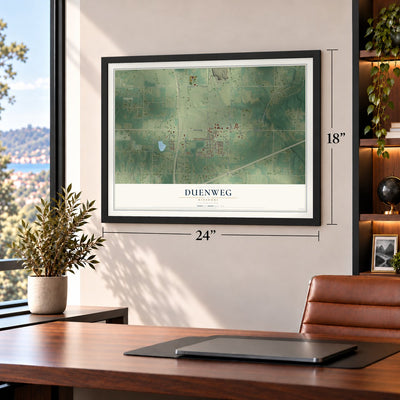Duenweg, Missouri map, 18 x 24 inch print in a black frame in a home office
