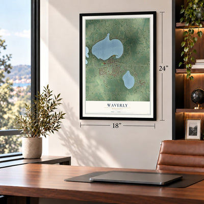 Waverly, Minnesota map, 18 x 24 inch print in a black frame in a home office