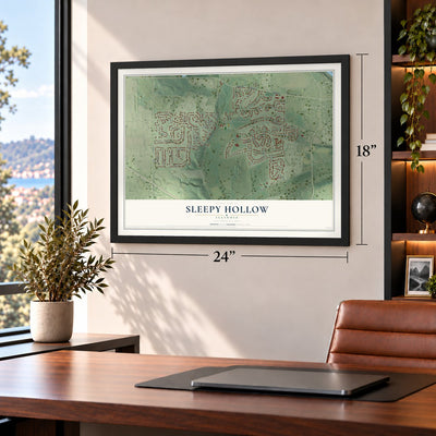 Sleepy Hollow, Illinois map, 18 x 24 inch print in a black frame in a home office