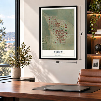 Walden, Colorado map, 18 x 24 inch print in a black frame in a home office