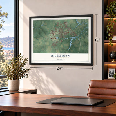 Middletown, Delaware map, 18 x 24 inch print in a black frame in a home office