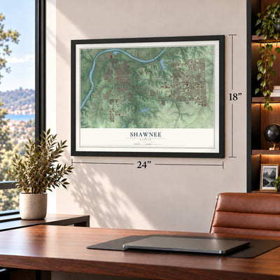 Shawnee, Kansas map, 18 x 24 inch print in a black frame in a home office