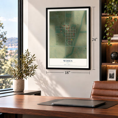 Woden, Iowa map, 18 x 24 inch print in a black frame in a home office
