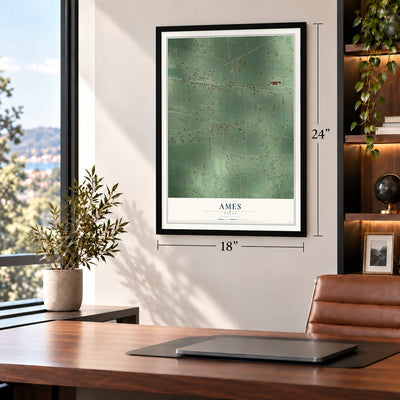 Ames, Texas map, 18 x 24 inch print in a black frame in a home office