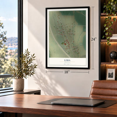 Lima, Montana map, 18 x 24 inch print in a black frame in a home office