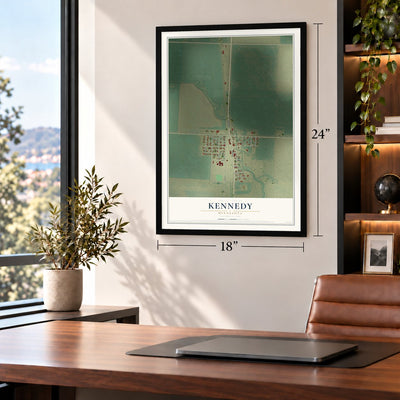 Kennedy, Minnesota map, 18 x 24 inch print in a black frame in a home office