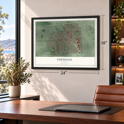 Ferndale, Michigan map, 18 x 24 inch print in a black frame in a home office