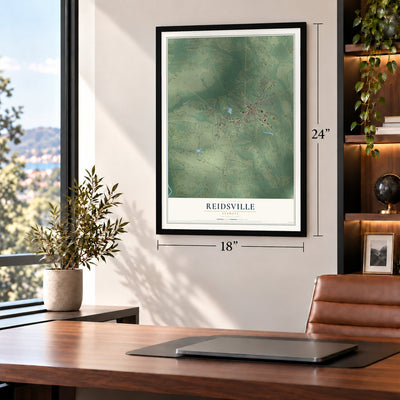 Reidsville, Georgia map, 18 x 24 inch print in a black frame in a home office