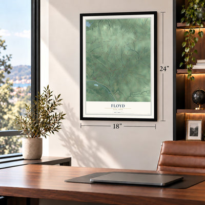 Floyd, New York map, 18 x 24 inch print in a black frame in a home office