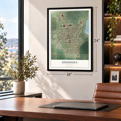 Sherburn, Minnesota map, 18 x 24 inch print in a black frame in a home office