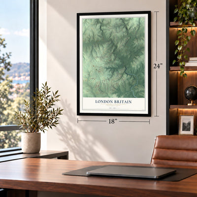 London Britain, Pennsylvania map, 18 x 24 inch print in a black frame in a home office