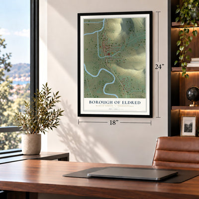 Borough of Eldred, McKean County, Pennsylvania map, 18 x 24 inch print in a black frame in a home office
