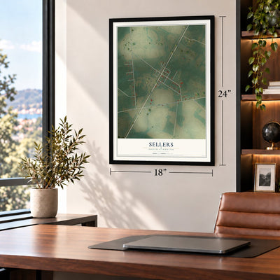 Sellers, South Carolina map, 18 x 24 inch print in a black frame in a home office