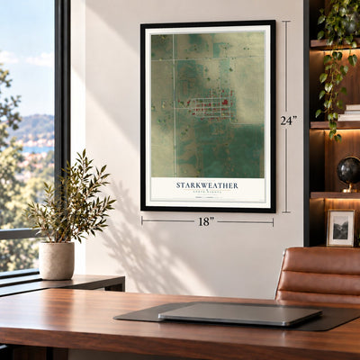 Starkweather, North Dakota map, 18 x 24 inch print in a black frame in a home office