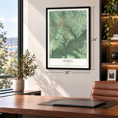 Sparta, Kentucky map, 18 x 24 inch print in a black frame in a home office