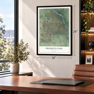 Brooklyn Park, Minnesota map, 18 x 24 inch print in a black frame in a home office