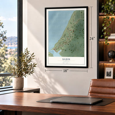 Saxis, Virginia map, 18 x 24 inch print in a black frame in a home office