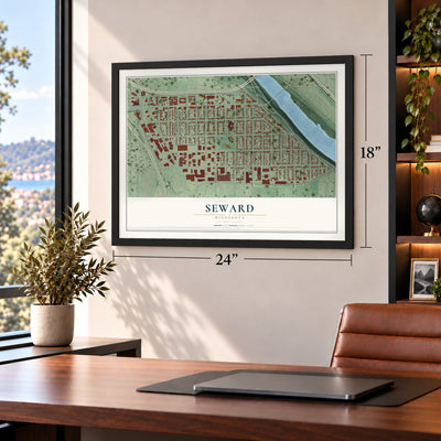 Seward, Minnesota map, 18 x 24 inch print in a black frame in a home office