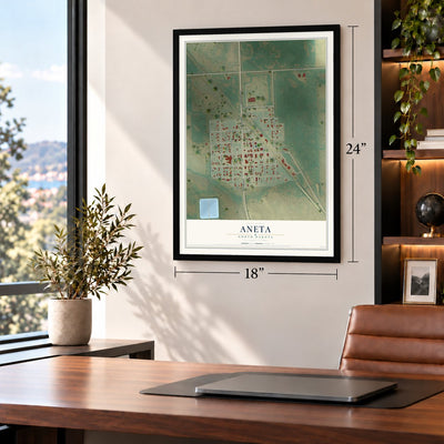 Aneta, North Dakota map, 18 x 24 inch print in a black frame in a home office
