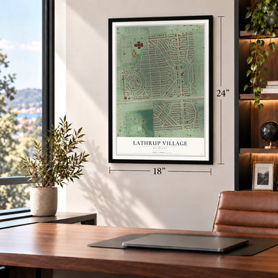 Lathrup Village, Michigan map, 18 x 24 inch print in a black frame in a home office