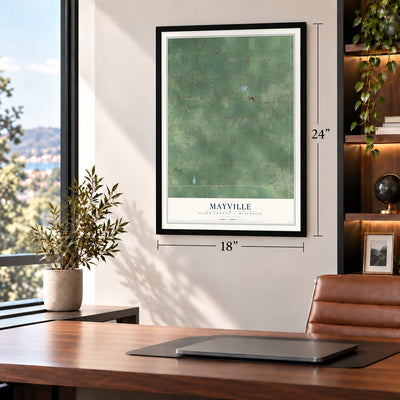 Mayville, Clark County, Wisconsin map, 18 x 24 inch print in a black frame in a home office
