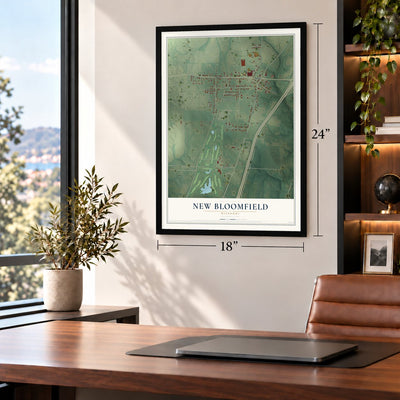 New Bloomfield, Missouri map, 18 x 24 inch print in a black frame in a home office