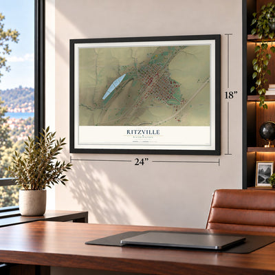 Ritzville, Washington map, 18 x 24 inch print in a black frame in a home office
