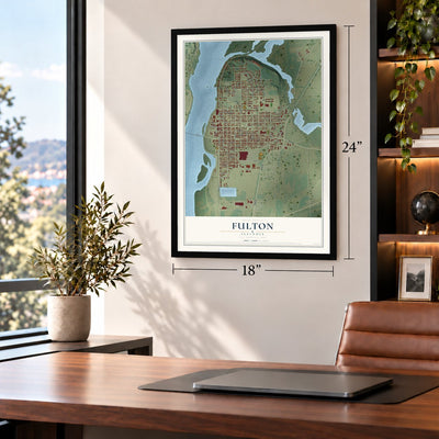 Fulton, Illinois map, 18 x 24 inch print in a black frame in a home office