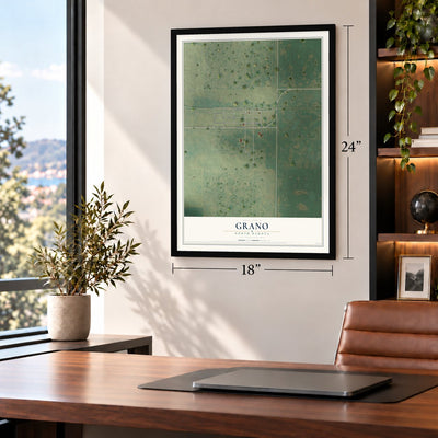 Grano, North Dakota map, 18 x 24 inch print in a black frame in a home office