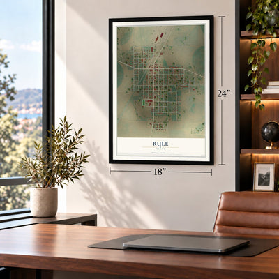 Rule, Texas map, 18 x 24 inch print in a black frame in a home office