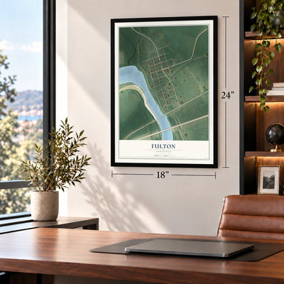 Fulton, Arkansas map, 18 x 24 inch print in a black frame in a home office