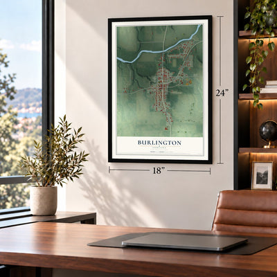Burlington, Indiana map, 18 x 24 inch print in a black frame in a home office